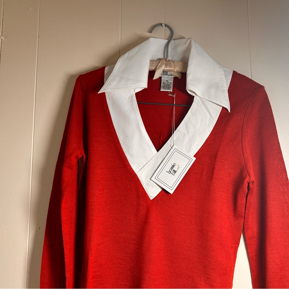 Vintage Style Red Collared Knit Top XL Bonnie & Billy Preppy Cottagecore - Picture 3 of 11